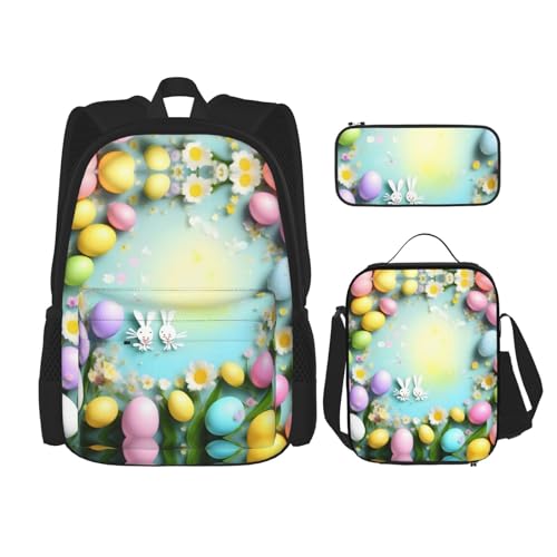 MQGMZ Reiserucksack mit Aufdruck "Spring Happy Easter Holiday", 3-teiliges Set, leichte, wasserabweisende Büchertasche, Lunchtasche, Federmäppchen, Schwarz , Einheitsgröße von MQGMZ