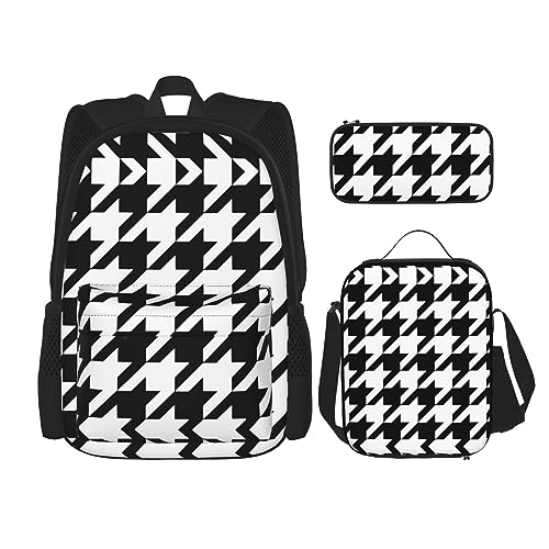 MQGMZ Reiserucksack mit Hahnentrittmuster, schwarz, 3-teiliges Set, leichte, wasserabweisende Büchertasche, Lunchtasche, Federmäppchen, Schwarz , Einheitsgröße von MQGMZ