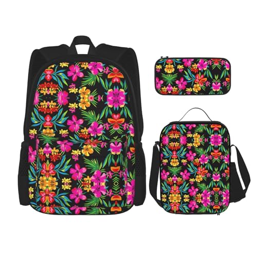 MQGMZ Reiserucksack mit Hawaii-Blumendruck, leicht, wasserabweisend, Büchertasche, Lunchtasche, Federmäppchen, 3-teiliges Set, Schwarz , Einheitsgröße von MQGMZ