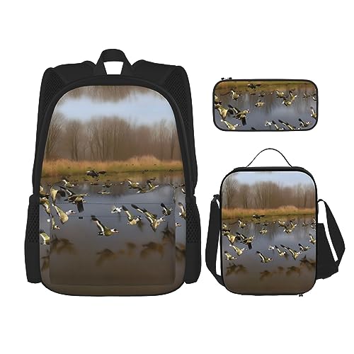 MQGMZ Reiserucksack mit Jagd-Motiv fliegende Wildenten, 3-teiliges Set, leichte, wasserabweisende Büchertasche, Lunchtasche, Federmäppchen, Schwarz , Einheitsgröße von MQGMZ