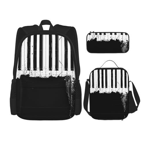 MQGMZ Reiserucksack mit Klavierdruck, leicht, wasserabweisend, Büchertasche, Lunchtasche, Federmäppchen, 3-teiliges Set, Schwarz , Einheitsgröße von MQGMZ