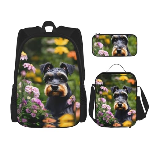 MQGMZ Reiserucksack mit Schnauzer-Druck, leicht, wasserabweisend, Büchertasche, Lunch-Tasche, Federmäppchen, 3-teiliges Set, Schwarz , Einheitsgröße von MQGMZ