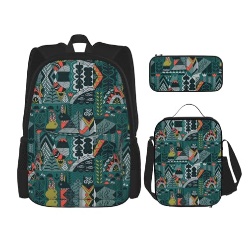 MQGMZ Reiserucksack mit grünem Tierdruck, 3-teiliges Set, leichte, wasserabweisende Büchertasche, Lunchtasche, Federmäppchen, Schwarz , Einheitsgröße von MQGMZ