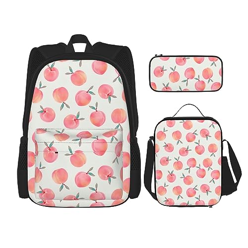 MQGMZ Reiserucksack mit rosa Pfirsichdruck, 3-teiliges Set, leichte, wasserabweisende Büchertasche, Lunchtasche, Federmäppchen, Schwarz , Einheitsgröße von MQGMZ