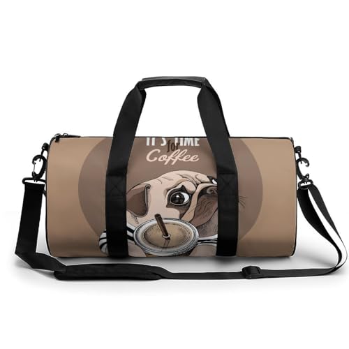 Niedlicher Mops Kaffee Sport Duffel Bag Sporttasche Reisetasche Handgepäck Tasche Schwimmtasche Weekender Bag 45x23x23cm von MQRBFLM