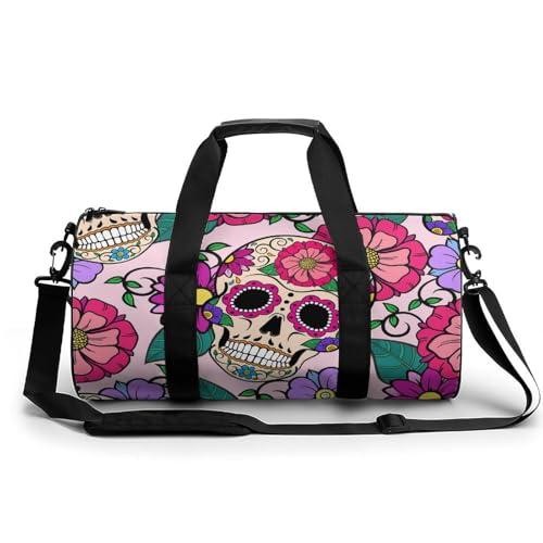 Rosa Blume Totenkopf Sport Duffel Bag Sporttasche Reisetasche Handgepäck Tasche Schwimmtasche Weekender Bag 45x23x23cm von MQRBFLM