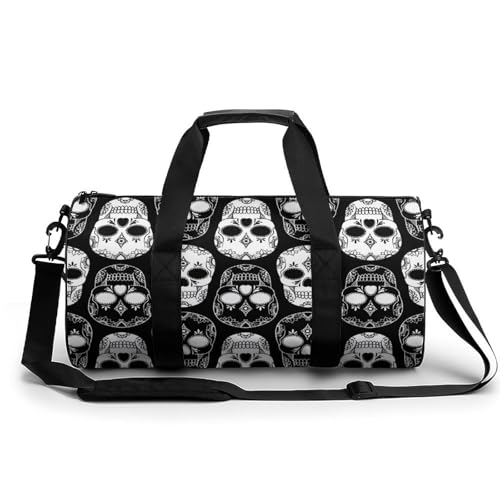 Schwarzer Weißer Totenkopf Sport Duffel Bag Sporttasche Reisetasche Handgepäck Tasche Schwimmtasche Weekender Bag 45x23x23cm von MQRBFLM