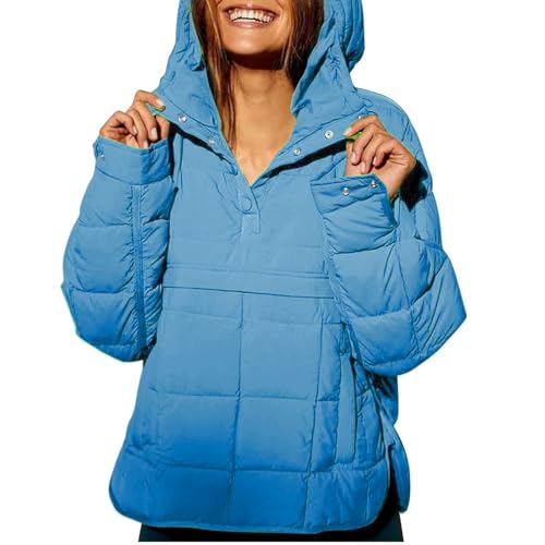 MQSHUHENMY Women's Quilted Pullover Puffer Jacket Womens Oversized Long Sleeve Hooded Coats Warm Winter Jackets for Women (Blue,S) von MQSHUHENMY