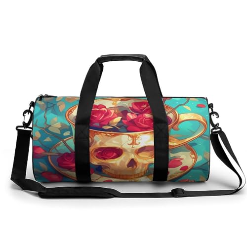 Sport Duffel Tasche Schädel Ad Rose Blumen Reisetasche Rundes Reisegepäck Gym Bags Fitness-Tasche von MRWQC