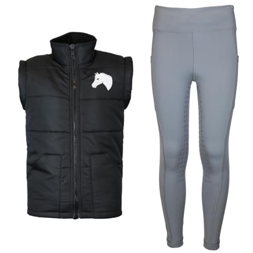 MS-Trachten Reitset Kinder Reitweste Mia schwarz gesteppt Fleecefutter mit Reitleggings Grau (122/128) von MS-Trachten