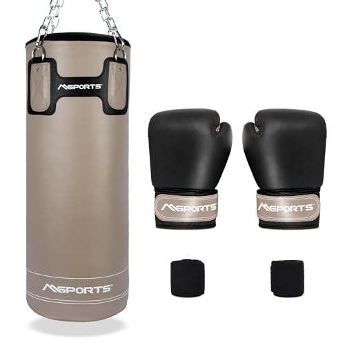 MSPORTS Boxsack-Set Professional 80 x 30 cm, Box-Set mit 1 Paar Boxhandschuhen und Boxbandagen - 25 kg Beige-Schwarz Boxset von MSPORTS