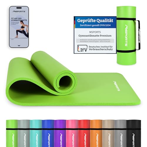 MSPORTS Gymnastikmatte Premium inkl. Tragegurt + Übungsposter + Workout App I Hautfreundliche Fitnessmatte 190 x 100 x 1,5 cm - Lindengrün - Phthalatfreie Yogamatte von MSPORTS