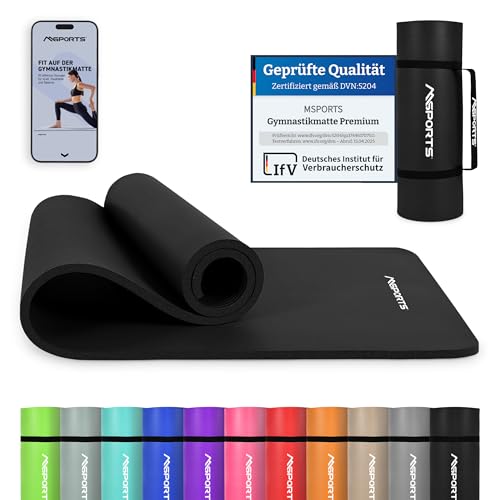 MSPORTS Gymnastikmatte Premium inkl. Tragegurt + Übungsposter + Workout App I Hautfreundliche Fitnessmatte 190 x 60 x 1,0 cm - Schwarz - Matt - Phthalatfreie Yogamatte von MSPORTS