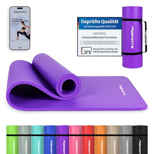 MSPORTS Gymnastikmatte Premium inkl. Tragegurt + Übungsposter + Workout App I Hautfreundliche Fitnessmatte 190 x 80 x 1,5 cm - Violett - Phthalatfreie Yogamatte von MSPORTS