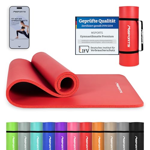 MSPORTS Gymnastikmatte Premium inkl. Tragegurt + Übungsposter + Workout App I Hautfreundliche Fitnessmatte 190 x 60 x 1,5 cm - Rubinrot - Phthalatfreie Yogamatte von MSPORTS