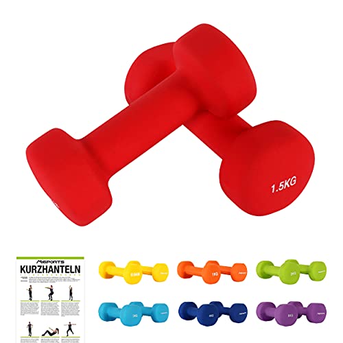 MSPORTS Kurzhanteln 2er Set Neopren 0,5-5 kg Paar inkl. Übungsposter | Hantelset (1,5 kg - Rot) von MSPORTS