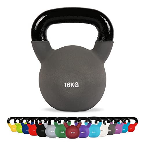 MSPORTS Kettlebell Neopren 2 – 30 kg inkl. Übungsposter (16 Kg - Anthrazit) Kugelhantel von MSPORTS