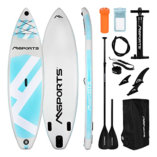 MSPORTS Stand Up Paddle Board Aufblasbar Komplettes Paddleboard Zubehör Verstellbares Paddel, hochwertige Pumpe + 2X Paddelstock + wasserdichte Smartphone Tasche + Multifunktionstasche (Grau-Blau) von MSPORTS