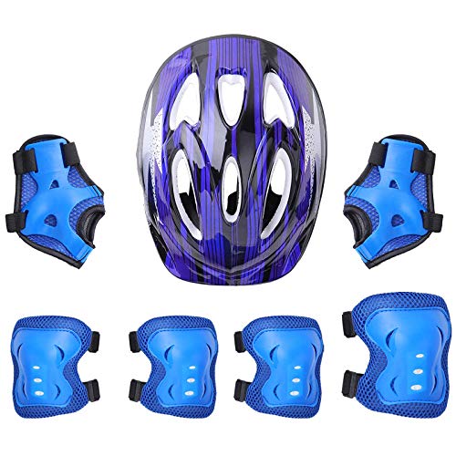 MSemis 7 Stück Kinder Knieschoner Set Kinderhelm mit Schutzausrüstung Schonerset Protektoren Helm für Skateboard Fahrrad Skate Rollschuh Kopfumfang Blau B One Size von MSemis