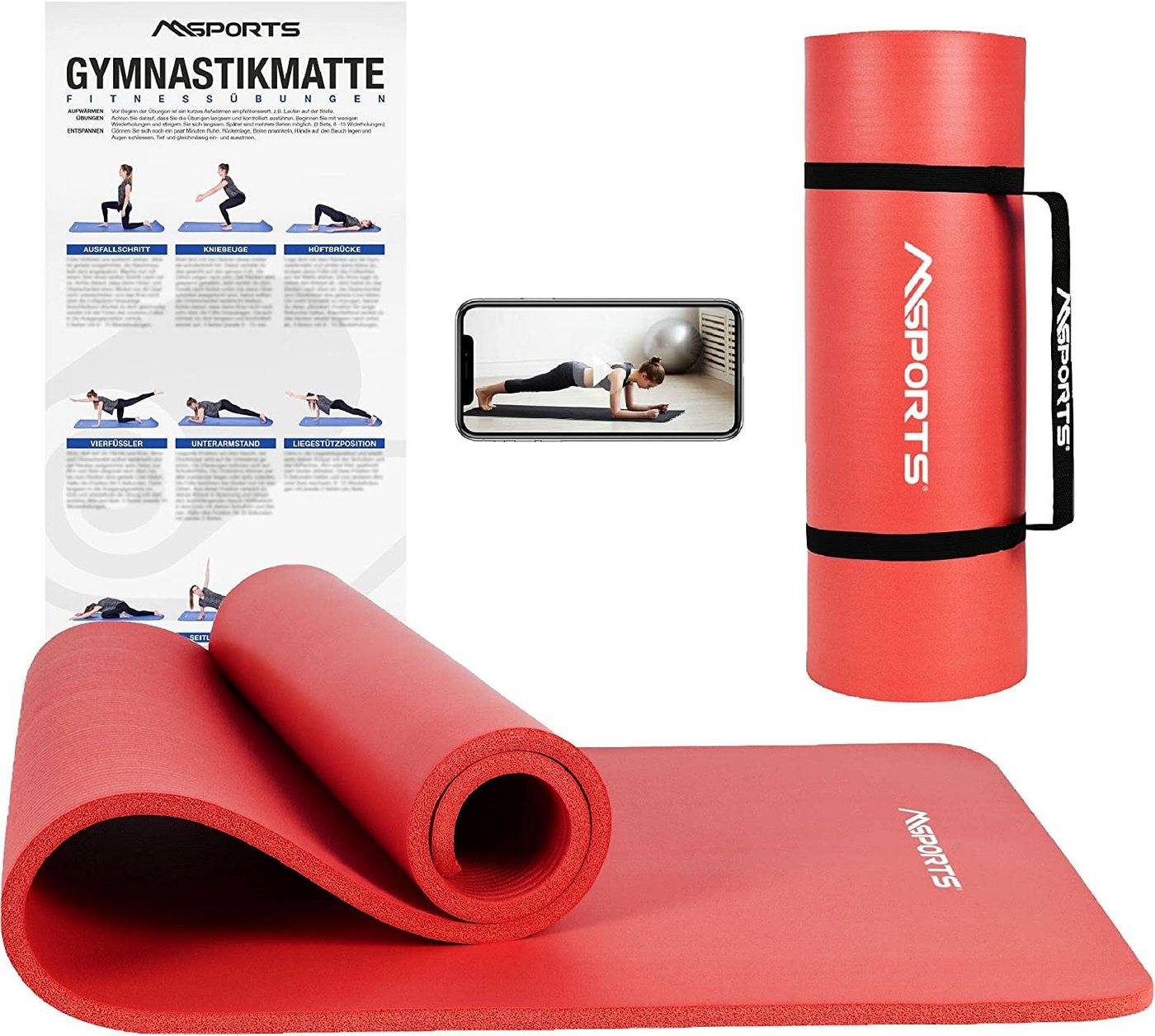 MSports® Gymnastikmatte Yogamatte rutschfest inkl. Tragegurt + Poster + Workout App von MSports®