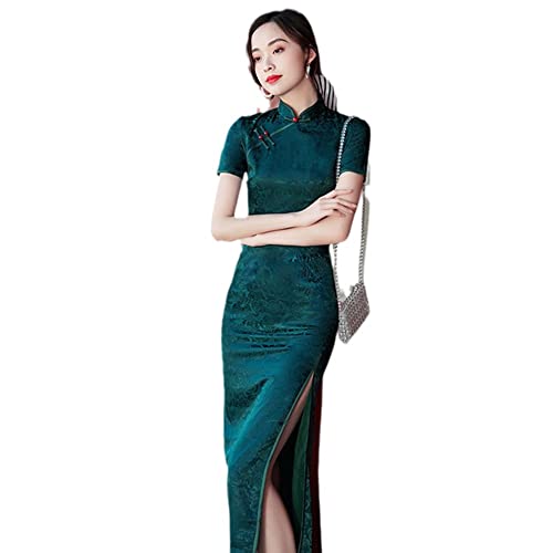 Damen-Cheongsam/Schlitz, Kreatives Druckmuster, Perlenknopf/Sommer, Dunkelgrüner Cheongsam, Kurzärmeliges, Verbessertes Florales Retro-Kleid, Weiblicher Chinesischer Stil, Eleganter Langer Cheongs von MTCDBD