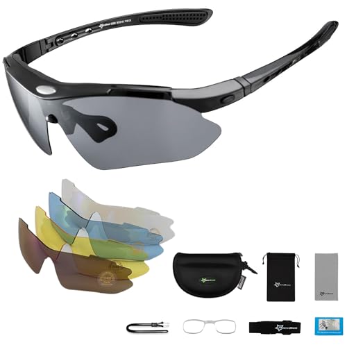 MUGI Polarisierte Sonnenbrille für Radfahren, Laufen und Sport | 5 austauschbare Gläser, UV-Schutz 400, winddicht, rutschfeste Fahrradbrille für Damen und Herren (schwarz) von MUGI