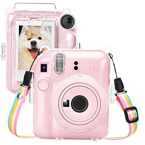 MUZIRI KINOKOO Schutzhülle für Instax Mini 12/Polaroid Mini 12 Sofortbildkamera, Transparent Tasche Fuji Mini 12 Hart PVC mit Rückfotos Tasche, um 10 Fotos mit Schultergurt zu Speichern von MUZIRI KINOKOO