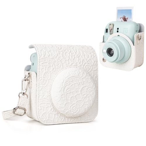 MUZIRI KINOKOO Mini 12 Kameratasche Kompatibel für Fuji Instax Mini 12 Sofortbildkamera - PU-Leder Geprägtes Muster Mini 12 Tragetasche Schutzhülle - mit Abnehmbarem Verstellbarem Gurt, weiß, von MUZIRI KINOKOO