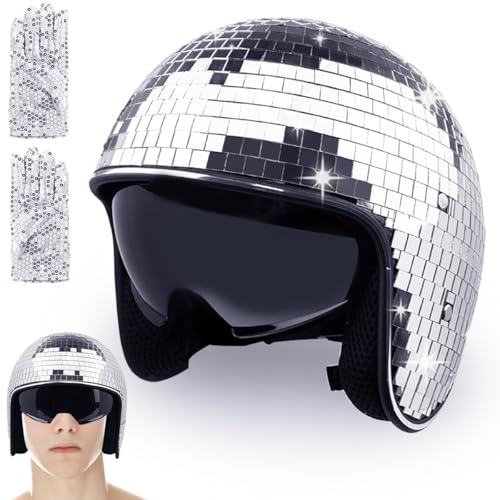 MXOYOXM Silberner Discoball-Helm, verspiegelter Disco-Helm mit einziehbarem Visier und silberfarbenen Handschuhen, Discokugel-Helm ist geeignet für Party-Club-Dekorationen, Neuheit als Geschenkzubehör von MXOYOXM