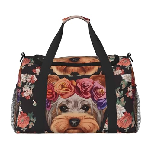 Yorkie Dog Floral Lightweight Waterproof Large Capacity Handheld Shoulder Crossbody Travel Bag Personal Belongings Organizer Bag, Schwarz , Einheitsgröße von MYGANN