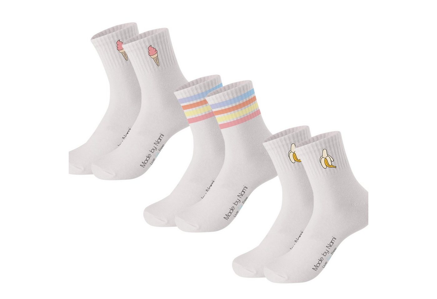 Made by Nami Socken Crew Socks Tennissocken weiß - Print - Baumwolle (3-Paar) 41-44, atmungsaktiv von Made by Nami