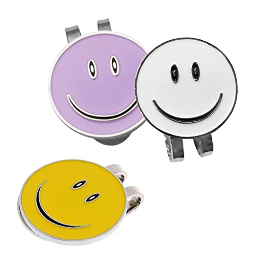 3pcs Lächelnde Gesicht Golf Cap Clip mit Magnetisch Ball Marker Ballmarker Golfgeschenk für Golfer, Weiß/Lila/Gelb von MagiDeal