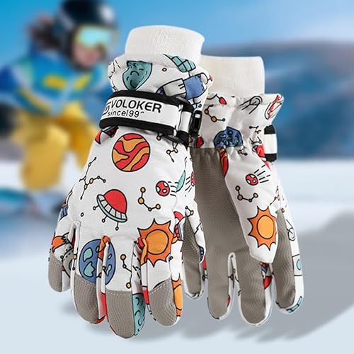 Magwave Handschuhe Kinder Winter Schneehandschuhe Skihandschuhe für 4-12 Jahre Mädchen Jungen PU Palme Wasserdicht Winddichte Warm Fleece Winterhandschuhe Fahrradhandschuhe (Weiß Raumschiff, L) von Magwave