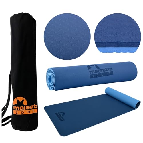 MAJESTIC SPORT Gymnastikmatte, Yogamatte Inkl. Tragetasche aus Baumwolle, rutschfest Trainingsmatte für Fitness Sportmatte, Pilates & Gymnastik TPE 183 x 61 x 0,6 cm Blau von Majestic Sport