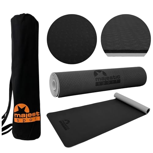 MAJESTIC SPORT Gymnastikmatte, Yogamatte Inkl. Tragetasche aus Baumwolle, rutschfest Trainingsmatte für Fitness Sportmatte, Pilates & Gymnastik TPE 183 x 61 x 0,6 cm Grau. von Majestic Sport