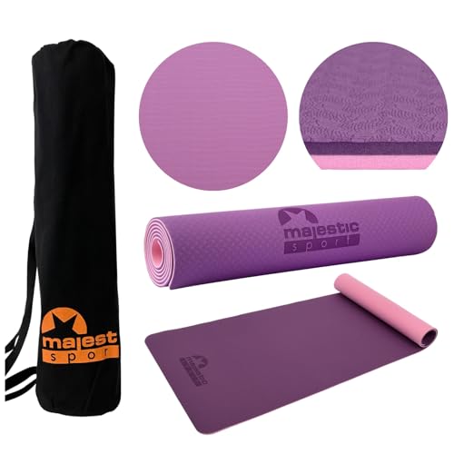 MAJESTIC SPORT Gymnastikmatte, Yogamatte Inkl. Tragetasche aus Baumwolle, rutschfest Trainingsmatte für Fitness Sportmatte, Pilates & Gymnastik TPE 183 x 61 x 0,6 cm Violett. von Majestic Sport