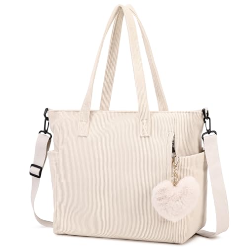 Makukke Cord Tote Bag Tasche Damen Umhängetasche Groß Shopper Tasche Handtasche Schultertaschen für Arbeit Büro Reisen Einkaufen Schule, Beige Tasche von Makukke