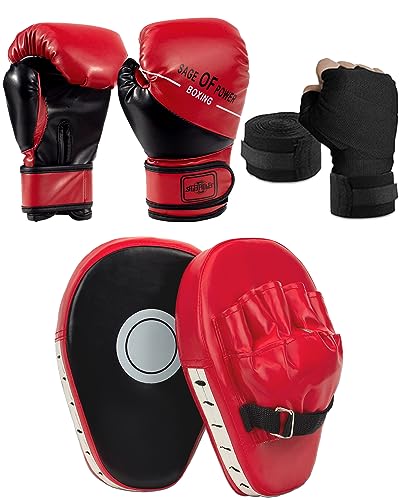 Mamxwaga 6 oz Kinder Boxhandschuhe und Box Pratzen Set, PU Handpratzen Boxpratzen Boxpads Mitts mit Boxbandage, Schlagpolster für Junior Kampfsport Kickboxen Muay Thai Kick Boxen Training Mamxwaga 6 oz Kinder Boxhandschuhe und Box Pratzen Set, PU Handpratzen Boxpratzen Boxpads Mitts mit Boxbandage, Schlagpolster für Junior Kampfsport Kickboxen Muay Thai Kick Boxen Training von Mamxwaga