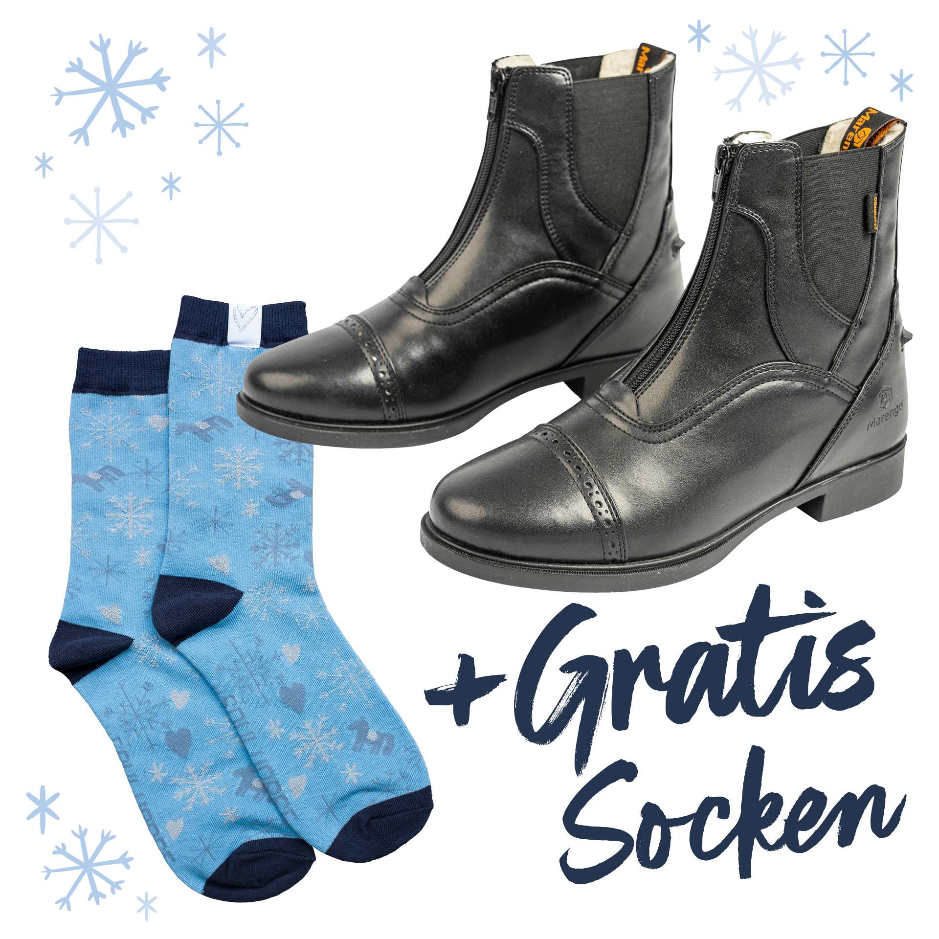 Marengo Winter-Stiefelette + GRATIS Socken Snowflake | Reitstiefelette Frontzip Winter Kunstleder Farbe: Schwarz / Hellblau, Schuhgrösse: 39, Grösse Socken: 39-42 von Marengo