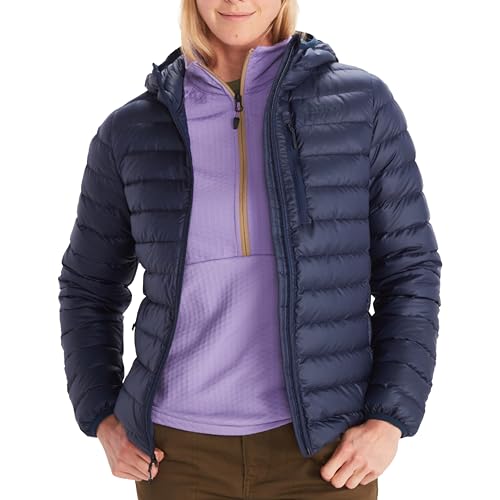 Marmot Damen Wm's Highlander Hoody, Leichte Daunenjacke, warme Winterjacke, wasserabweisende Steppjacke, winddichte Funktionsjacke, klein packbare Outdoorjacke mit Kapuze, Arctic Navy, L von Marmot