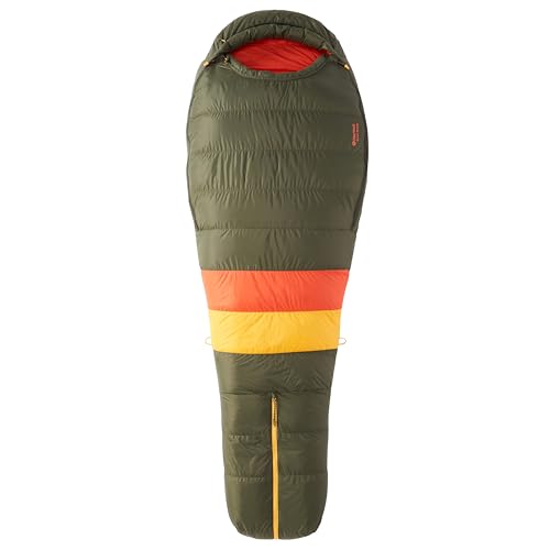 Marmot Never Winter, Mumienschlafsack für Erwachsene, Entendaunen mit 650er Bauschkraft, sehr leicht und warm, 183 cm, geeignet bis -15 °C, Nori/Red Sun, 183 cm von Marmot