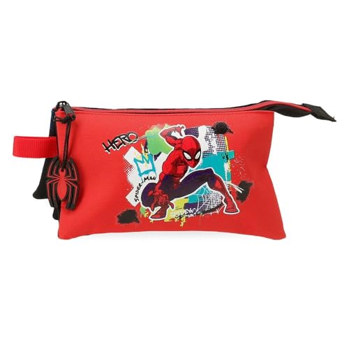 Joumma Marvel Spiderman Urban Federmäppchen mit drei Fächern, Rot, 22 x 12 x 5 cm, Polyester, L, rot, Federmäppchen mit drei Fächern von Marvel