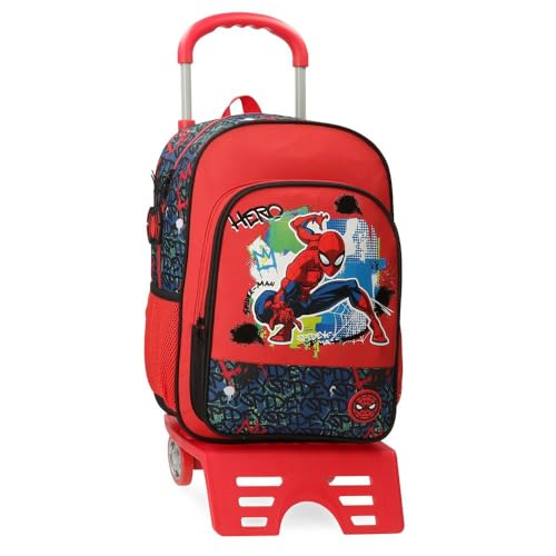 Disney Joumma Bags, Marvel-Spiderman-Urban-Schultasche, Kinderrucksack, aus Polyester, breite und verstellbare Träger, Tragegriff oben zum Aufhängen., rot, Rucksack + Trolley von Marvel