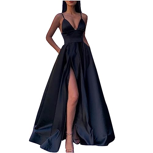 Abendkleid Damen Lang Elegantes Modisches Ballkleid Einfarbiges Tüllkleid Ärmelloses Cocktailkleid mit V-Ausschnitt Fließendes Swing Kleid Bodenlanges langes Maxikleid Hoher Schlitz Partykleid von Masrin