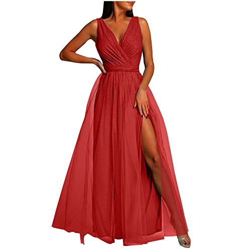 Abendkleid Damen Lang Elegantes Modisches Ballkleid Einfarbiges Tüllkleid Ärmelloses Cocktailkleid mit V-Ausschnitt Fließendes Swing Kleid Bodenlanges langes Maxikleid Hoher Schlitz Partykleid Abendkleid Damen Lang Elegantes Modisches Ballkleid Einfarbiges Tüllkleid Ärmelloses Cocktailkleid mit V-Ausschnitt Fließendes Swing Kleid Bodenlanges langes Maxikleid Hoher Schlitz Partykleid von Masrin