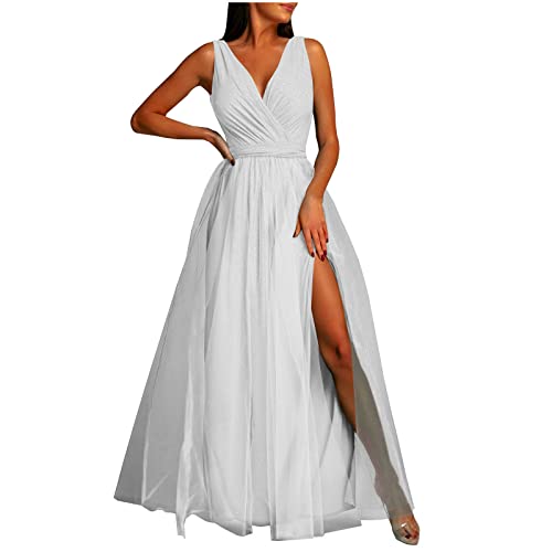 Abendkleid Damen Lang Elegantes Modisches Ballkleid Einfarbiges Tüllkleid Ärmelloses Cocktailkleid mit V-Ausschnitt Fließendes Swing Kleid Bodenlanges langes Maxikleid Hoher Schlitz Partykleid von Masrin