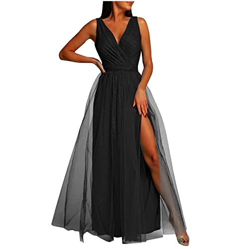 Abendkleid Damen Lang Elegantes Modisches Ballkleid Einfarbiges Tüllkleid Ärmelloses Cocktailkleid mit V-Ausschnitt Fließendes Swing Kleid Bodenlanges langes Maxikleid Hoher Schlitz Partykleid von Masrin