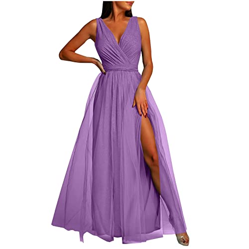 Abendkleid Damen Lang Elegantes Modisches Ballkleid Einfarbiges Tüllkleid Ärmelloses Cocktailkleid mit V-Ausschnitt Fließendes Swing Kleid Bodenlanges langes Maxikleid Hoher Schlitz Partykleid von Masrin