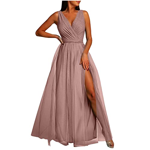 Abendkleid Damen Lang Elegantes Modisches Ballkleid Einfarbiges Tüllkleid Ärmelloses Cocktailkleid mit V-Ausschnitt Fließendes Swing Kleid Bodenlanges langes Maxikleid Hoher Schlitz Partykleid Abendkleid Damen Lang Elegantes Modisches Ballkleid Einfarbiges Tüllkleid Ärmelloses Cocktailkleid mit V-Ausschnitt Fließendes Swing Kleid Bodenlanges langes Maxikleid Hoher Schlitz Partykleid von Masrin