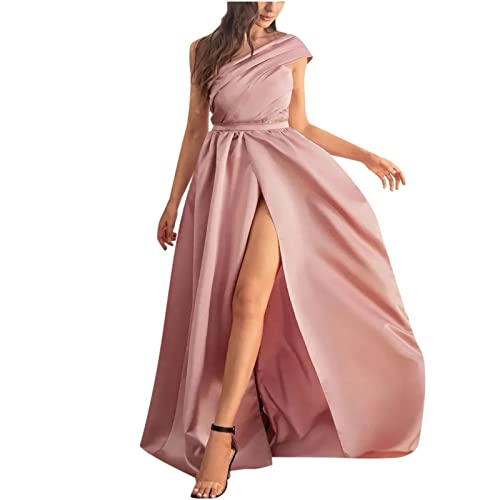 Abendkleid Damen Lang Elegantes Modisches Ballkleid Einfarbiges Tüllkleid Ärmelloses Cocktailkleid mit V-Ausschnitt Fließendes Swing Kleid Bodenlanges langes Maxikleid Hoher Schlitz Partykleid von Masrin